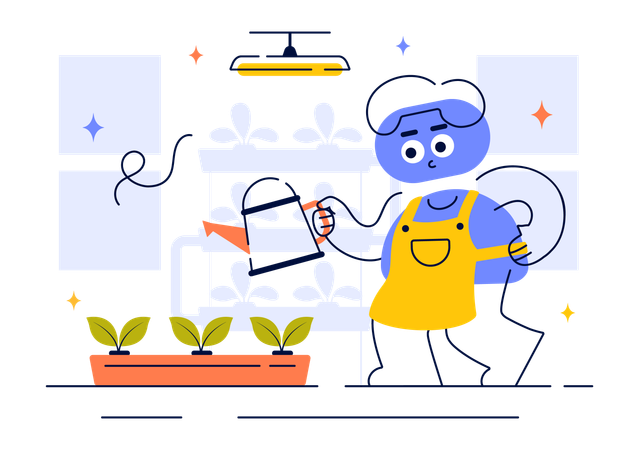 Woman waters plants through Hydroponics Technology  Illustration