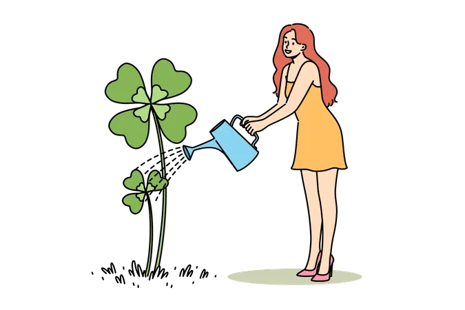 Woman Waters Yarrow Clover Growing From Ground In Preparation For St Patrick Day Celebrations Girl In Summer Dress Grows Irish Plant To Make Green Beer For St Patrick Day Party Illustration