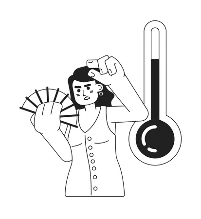 Hot Day With High Temperature Monochrome Concept Vector Spot Illustration Woman Waving Hand Fan 2 D Flat Bw Cartoon Character For Web UI Design Heatwave Isolated Editable Hand Drawn Hero Image Illustration