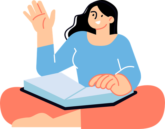 Woman waving hand while reading book  Illustration