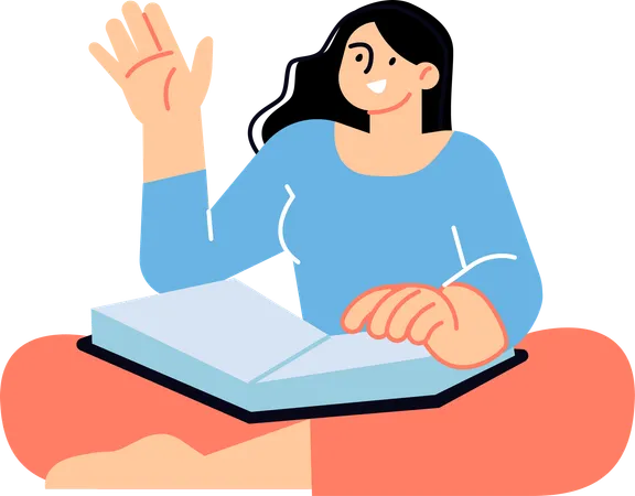 Woman waving hand while reading book  Illustration