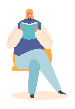 Woman Wear Earbuds Sitting on Chair Reading Book  Illustration