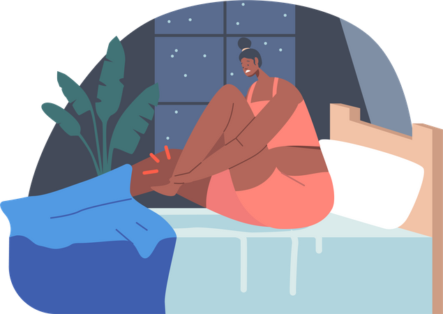 Woman Wear Pajama Sitting in Bed Feeling Pain in Ankle  Illustration