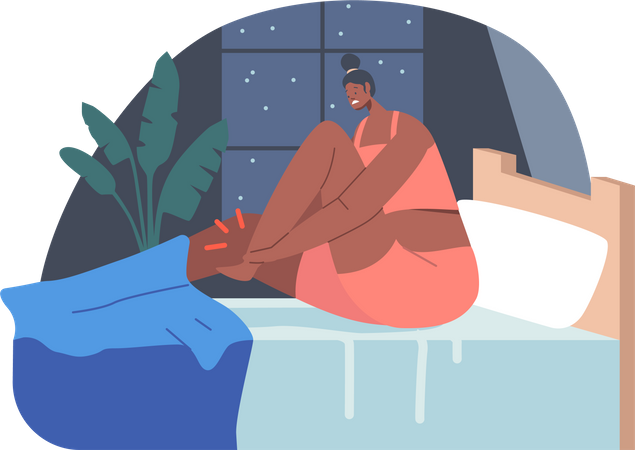 Woman Wear Pajama Sitting in Bed Feeling Pain in Ankle  Illustration