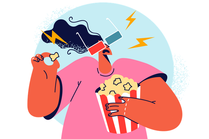 Woman wearing 3d goggles and eating popcorn  Illustration