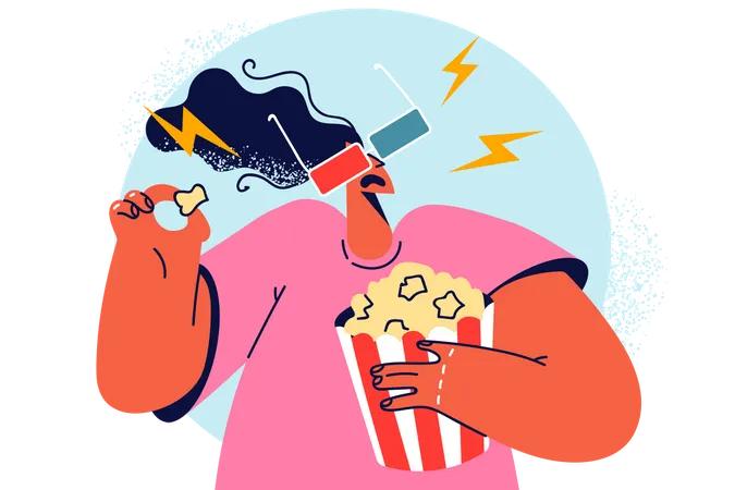 Woman wearing 3d goggles and eating popcorn  Illustration