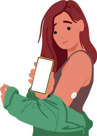 Woman Wearing A Glucose Sensor Conveniently Monitor Her Blood Sugar Levels Through A Smartphone App  Illustration