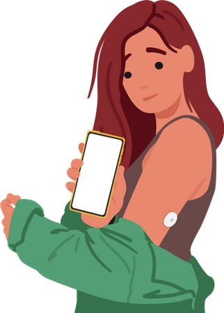 Woman Wearing A Glucose Sensor Conveniently Monitor Her Blood Sugar Levels Through A Smartphone App  Illustration