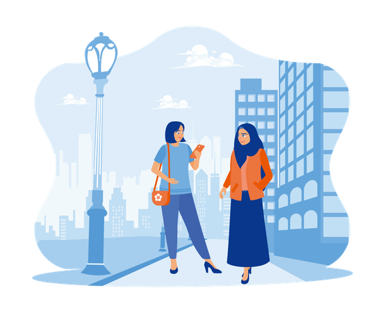 Woman wearing a hijab walks with her female friend on a city street  イラスト