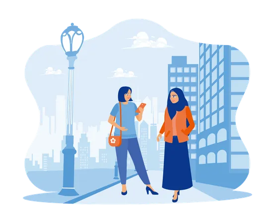 Woman wearing a hijab walks with her female friend on a city street  イラスト