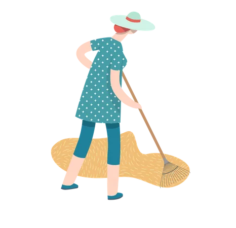 Woman wearing a straw hat raking hay into the stack Illustration