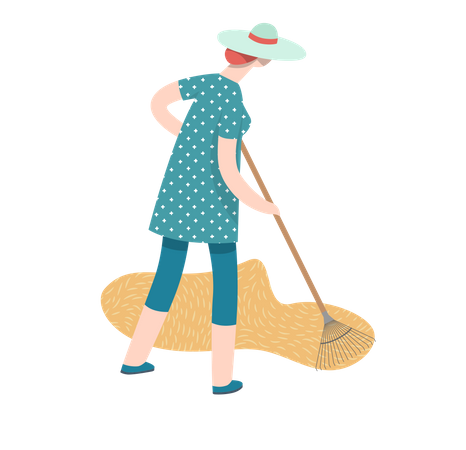 Woman wearing a straw hat raking hay into the stack  Illustration