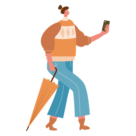 Woman wearing autumn clothe while using mobile and holding umbrella  Illustration