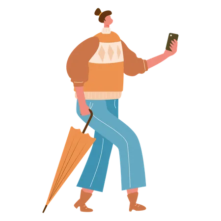 Woman wearing autumn clothe while using mobile and holding umbrella  Illustration