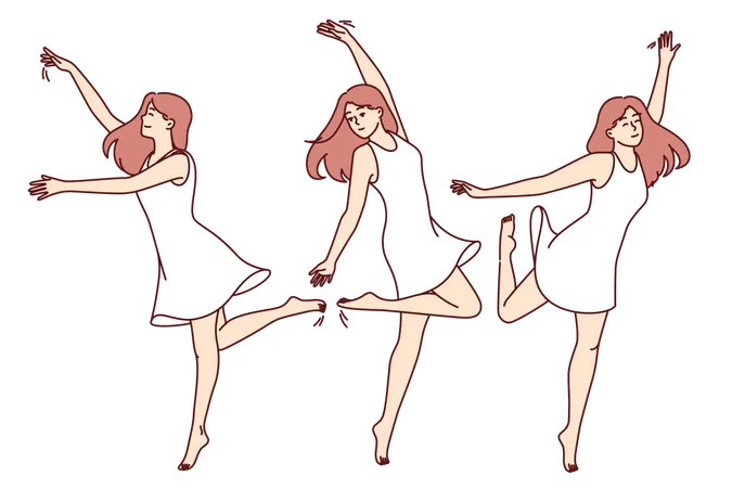 Woman Ballerina In White Dress Demonstrates Flexibility And Warms Up Taking Various Ballet Poses Girl Ballerina Trains Flexibility Dreaming Of Performing On Stage In Front Of Audience イラスト
