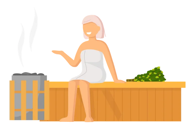 Woman Wearing Bath Towel Sits On Wooden Bench At Hot Steam Sauna Relaxing And Wellness In Finnish Russian Bath Or Spa Center Warm Therapy Female Hot Steam In Sauna Bathing Character In Bathhouse Illustration