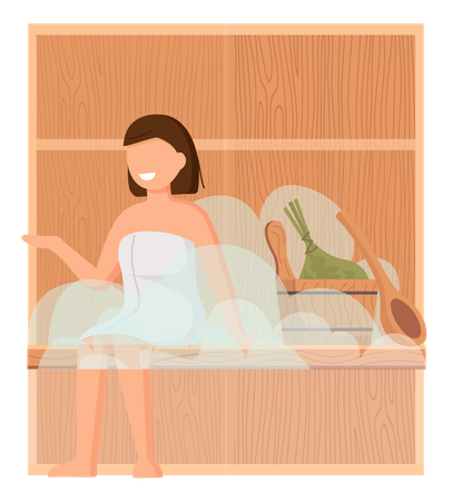 Woman wearing bath towel sit on wooden bench at hot steam sauna  Illustration