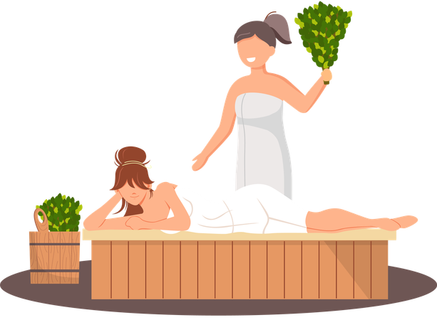 Woman wearing bath towel sit on wooden bench at hot steam sauna  Illustration