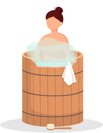 Woman wearing bath towel sit on wooden bench at hot steam sauna  Illustration
