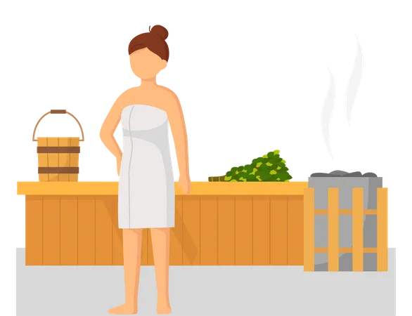 Woman wearing bath towel sit on wooden bench at hot steam sauna  Illustration