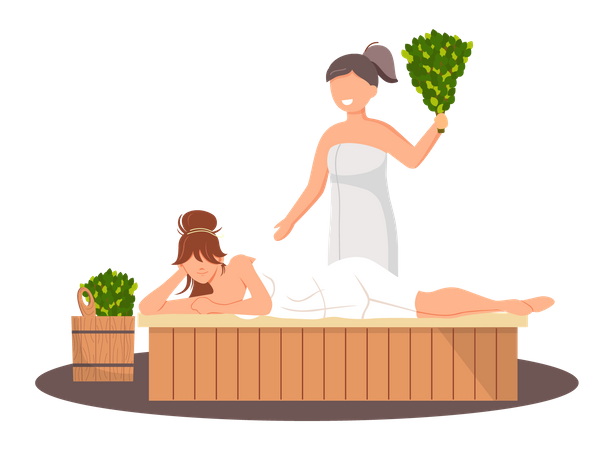 Woman wearing bath towel sit on wooden bench at hot steam sauna  Illustration