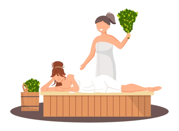 Woman wearing bath towel sit on wooden bench at hot steam sauna  Illustration