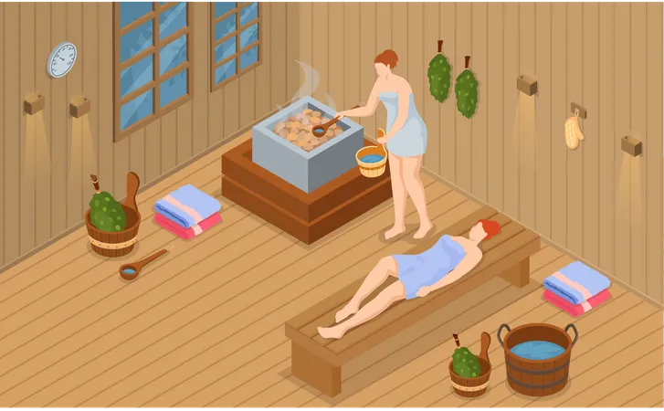 People Steaming In Sauna Concept Women Wearing Bath Towel Sitting On Wooden Bench In Bath Heat Therapy Relaxation And Rest Girls Relax And Steam In Traditional Finnish Sauna With Hot Stone Oven Illustration