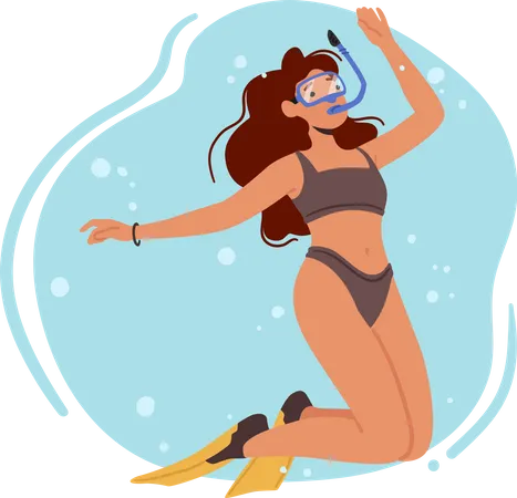Woman Wearing Bikini Mask And Tube Diving Young Female Character Wear Two Piece Swimsuit Enjoying The Sensation Of Freedom As She Explores The Underwater World Cartoon People Vector Illustration Illustration