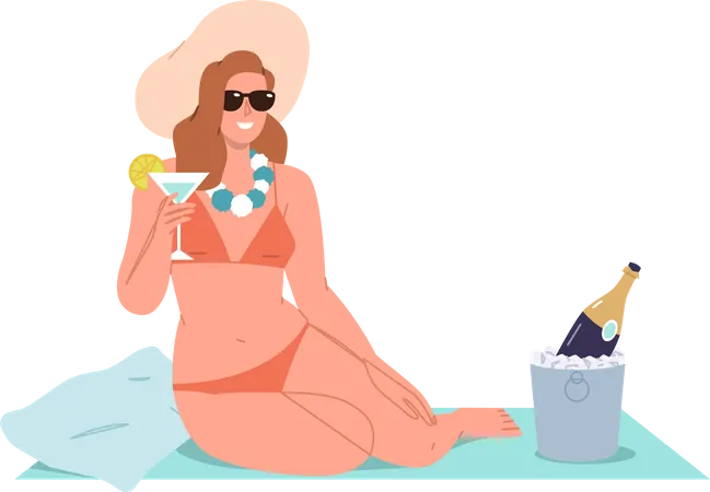 Woman wearing bikini and drinking alcoholic Illustration