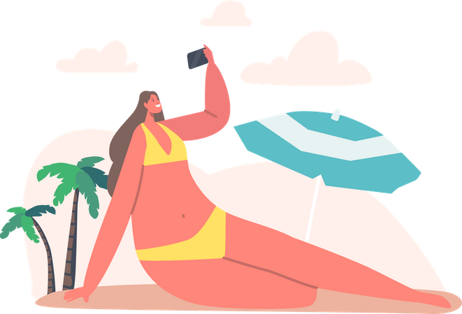 Woman wearing bikini clicking selfie at the beach Illustration