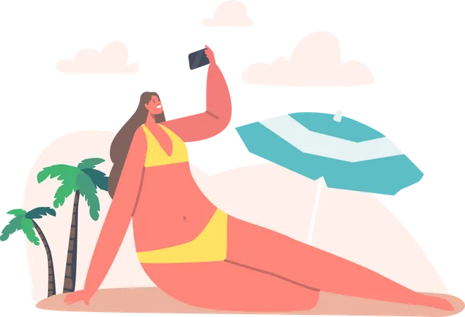 Young Woman Taking Selfie On Smartphone At Sea Beach With Palm Trees And Umbrella Happy Female Character Shoot Summer Vacation Relax For Memory Album Or Social Networks Cartoon Vector Illustration Illustration