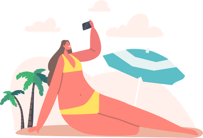 Woman wearing bikini clicking selfie at the beach  Illustration