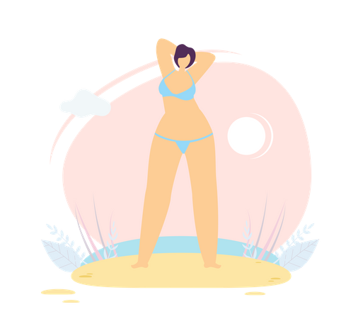 Woman wearing bikini standing on beach Illustration
