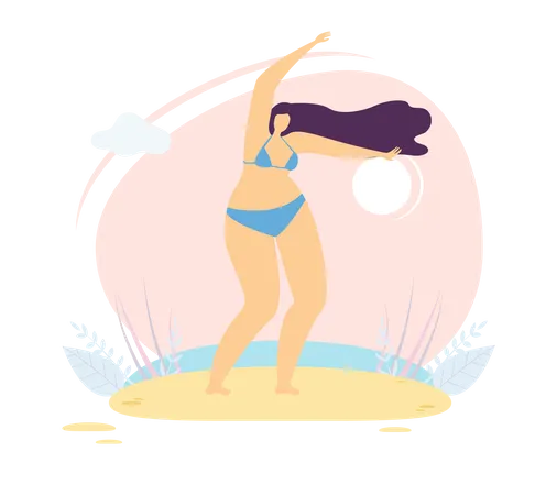 Happy Beautiful Chubby Woman In Lingerie Dancing Or Doing Morning Exercise On Sunny Beach Flat Poster In Cartoon Vector Design Motivation Banner Love Having Figure Body Positive Illustration Template Illustration
