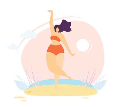 Woman wearing bikini standing on beach  Illustration