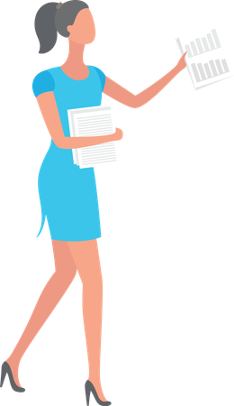 Woman wearing blue dress and heels holding document  Illustration