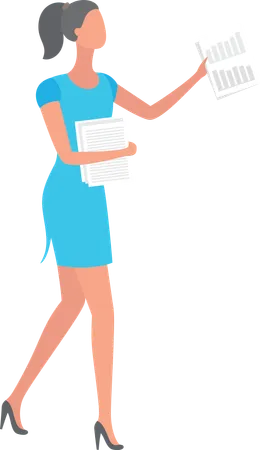 Woman wearing blue dress and heels holding document  Illustration