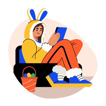 Woman wearing Bunny Costume while reading book  Illustration