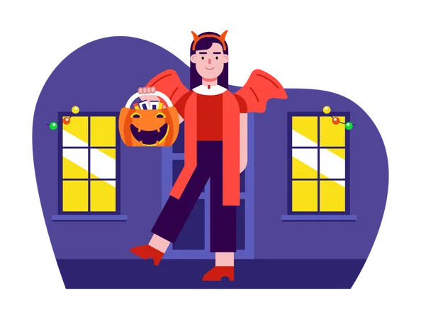 Woman Wearing Dracula costume and holding pumpkin  Illustration