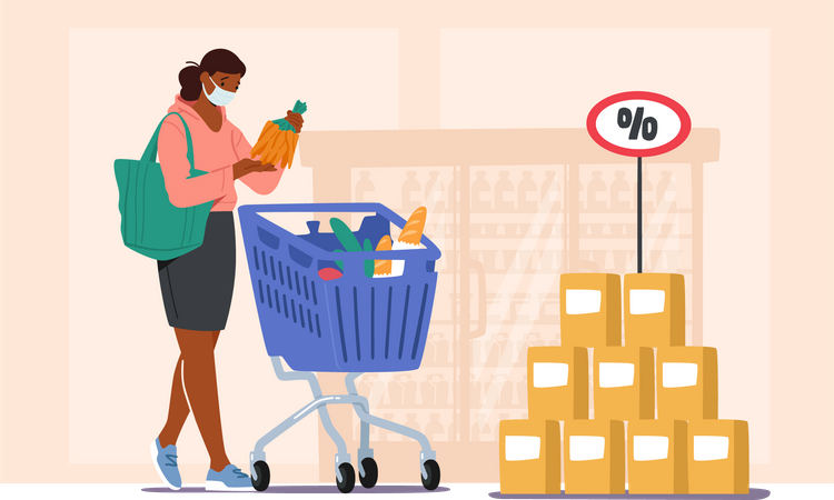 Woman wearing face mask and shopping for grocery Illustration