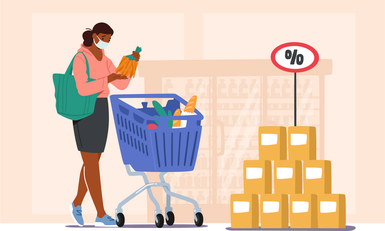 Woman wearing face mask and shopping for grocery  Illustration