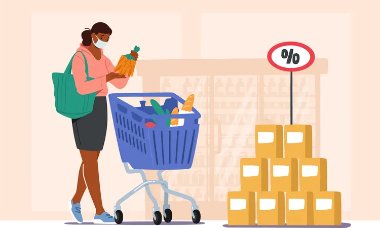 Woman wearing face mask and shopping for grocery  Illustration