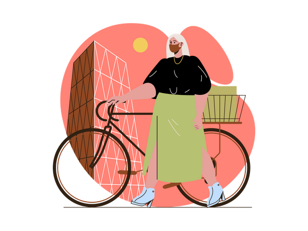 Woman wearing face mask and walking with bicycle Illustration