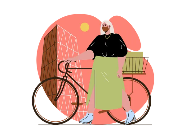 Woman wearing face mask and walking with bicycle  Illustration