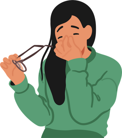 Woman Wearing Glasses and Rubs Her Tired Eyes With Thoughtful Expression  Illustration