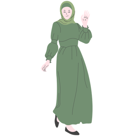 Woman Wearing Green Gamis and Pashmina Hijab  イラスト