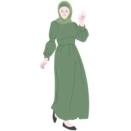 Woman Wearing Green Gamis and Pashmina Hijab  Illustration