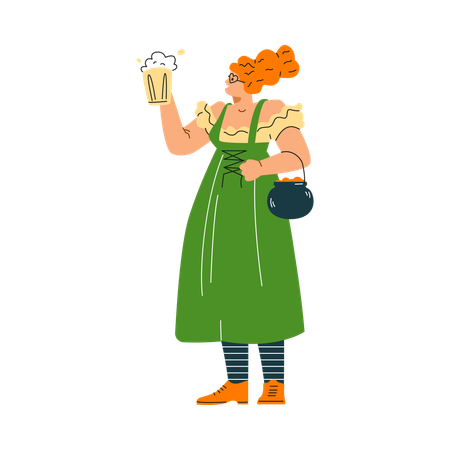 Woman wearing green traditional Irish Leprechaun dress holding mug of beer  Illustration