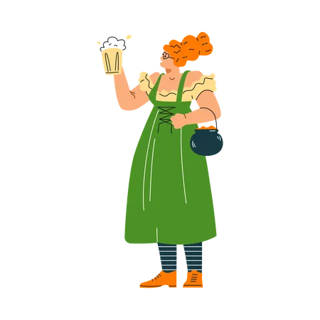 Woman wearing green traditional Irish Leprechaun dress holding mug of beer  Illustration