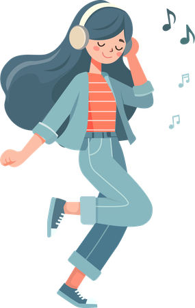 Woman wearing headphone and dancing happily  Illustration